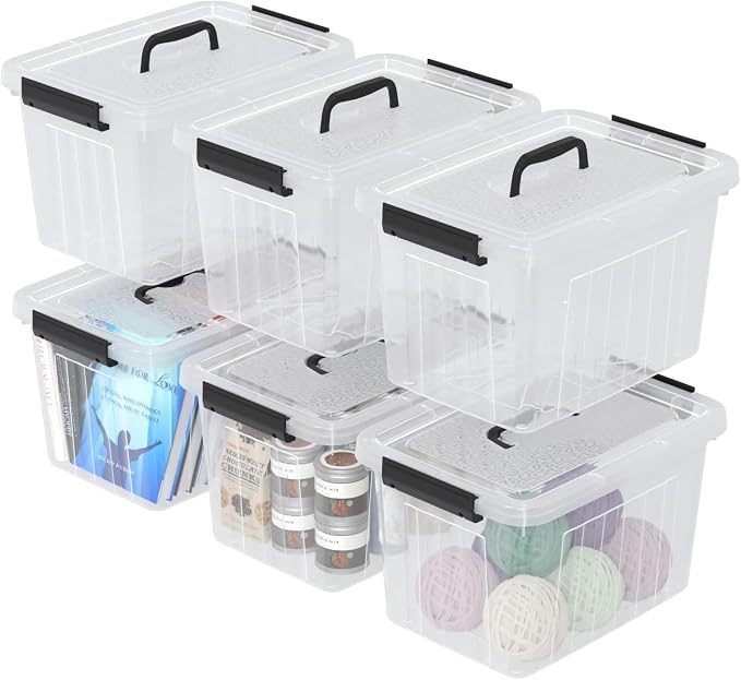 12 Quart Plastic Clear Storage Latching Bins with Lids, 6 Packs | Stackable Plastic Containers with Handles for Organization