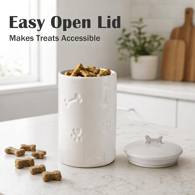 Dog Treat Container Airtight - 9"x5" Ceramic Big Treats Jar with Lid(White) | Large Capacity Doggie Cookie Jar for Countertop, Airtight Lid Keep Food Fresh, Sturdy Durable, Cute Prints and Bone Handle