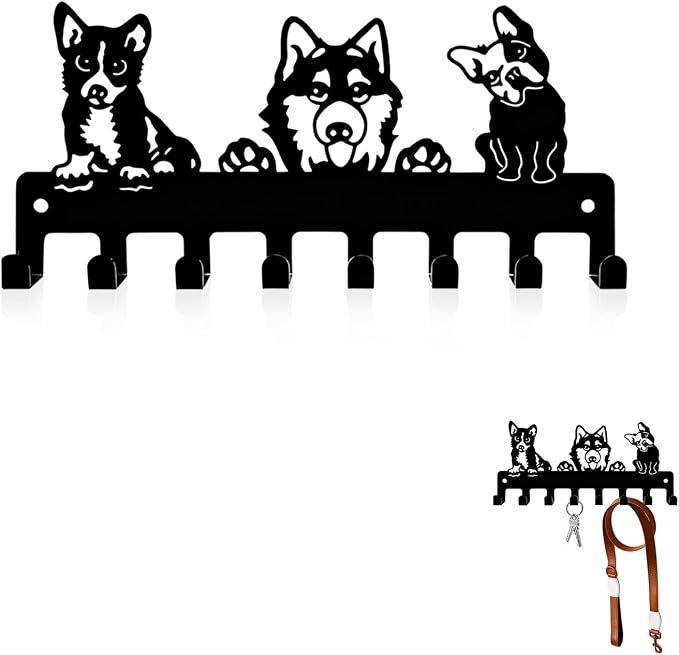 Dog Leash Holder for Wall, 8 Metal Hooks Key Holder Wall Mount, Screw Mounted Pet Leash Organizer for Harnesses Collars Keys Bags, Entryway Mudroom Garage Wall Rack