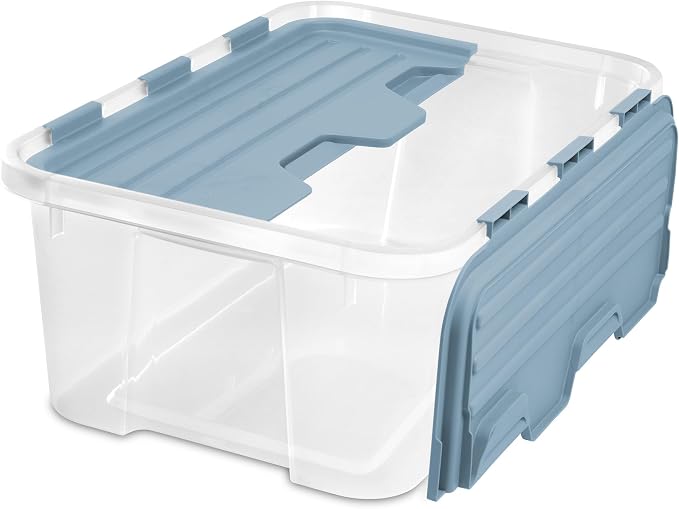 Sterilite Hinged Lid Storage Box, Plastic Container, 40 Quart, 12-Pack | Washed Blue - Home Organizer Tote for Storing Shoes, Crafts, Clothing, or Decor