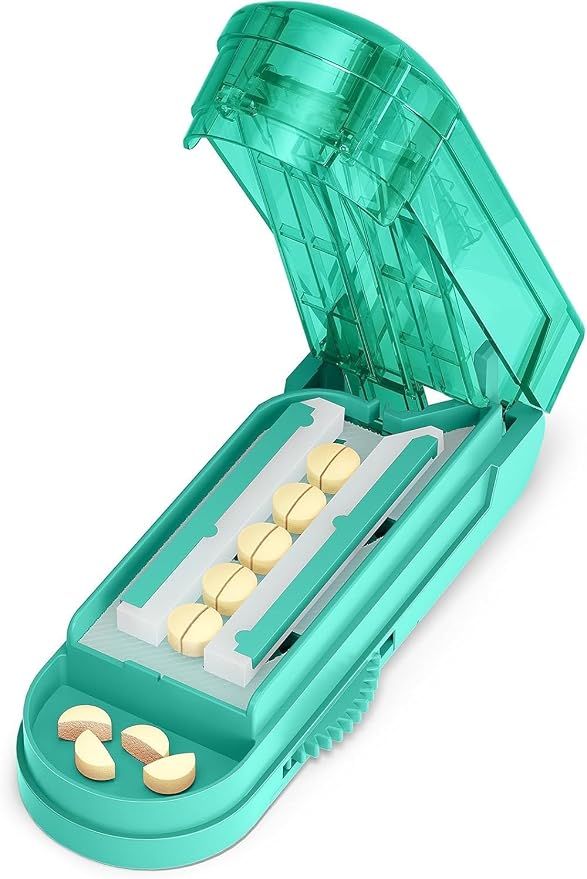 ONE PIX Pill Cutter Splitter for Small and Tiny Pills, Multiple Pill Splitter with Centering Device & Hidden Blade, Adjustable Tablet Cutter for Large Pills, Seniors, Pets, Cyan