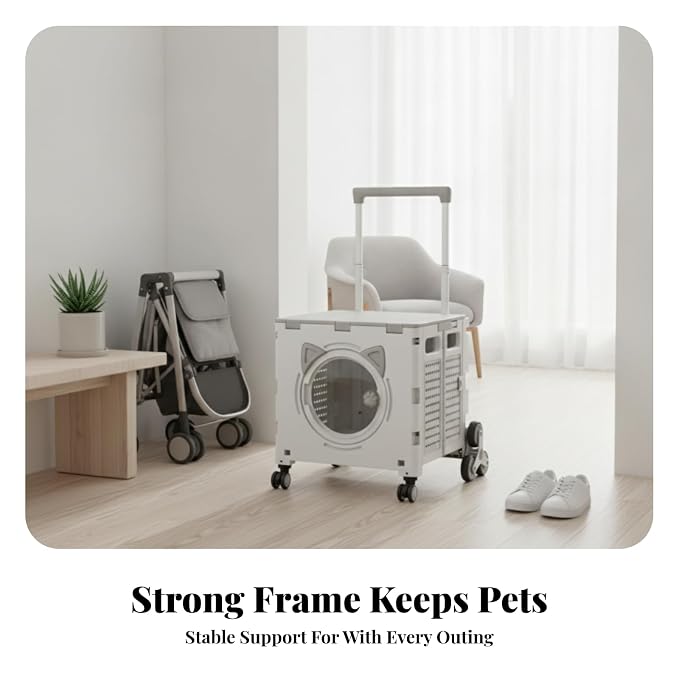 Outdoor Travel Cart Foldable Pet Trolley Carrier Crate with Front Viewing Port and Secure Enclosure with Height, Array, Khaki, Eight-Wheel Climbing Model