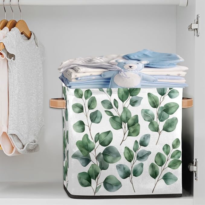 Eucalyptus Cube Storage Bin, 13 Inch Collapsible Fabric Storage Cubes Bin, Eucalyptus Leaves Foldable Cube Baskets for Shelf, Closet, Organizer