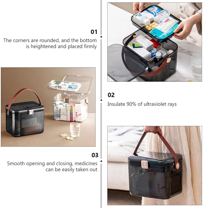 Desktop Medicine Storage Case Large Capacity Dual Layer Home Organizer | Pp Pet Pu Build, Safety Lock, Easy Replenishment, Tidy Desktop Use