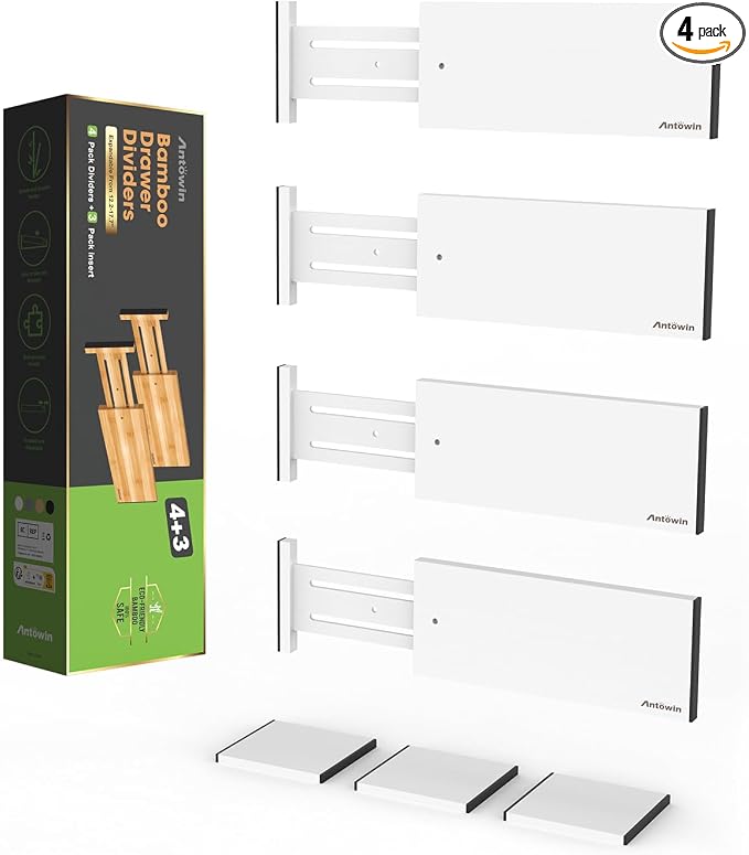 4 Pack Expandable Drawer Dividers, 4.7'' High, Extend from 12.2'' to 17.7'', Bamboo Dresser Drawer Organizers Separators for Kitchen, Bedroom, Office, Bathroom (White)