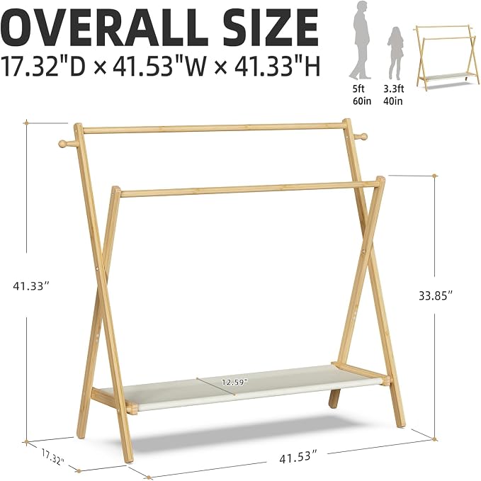 BAMBOOHOMIE Kids Clothing Rack With Storage Shelf & Double Rods, Foldable Dress Up Clothes Rack for Toddler Nursery, Child's Room, 100% Natural Bamboo (Large Size)