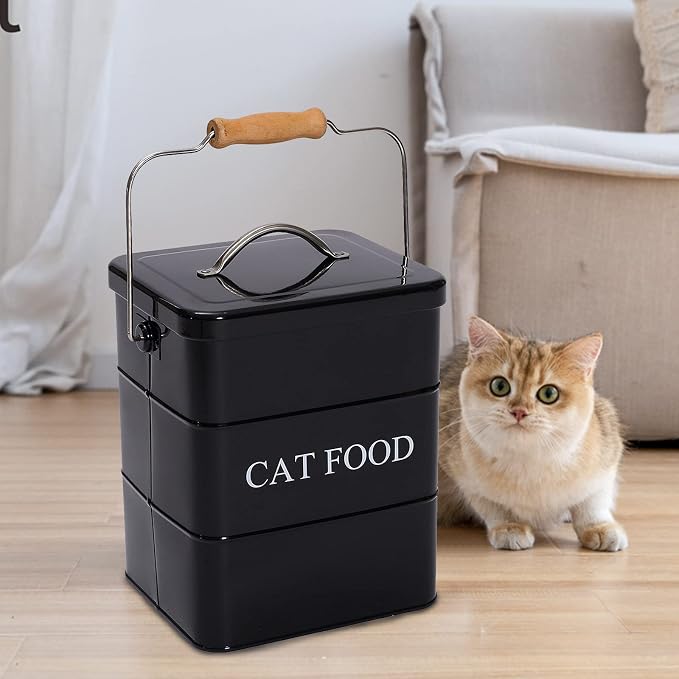 Cat Food Treat Storage Container with lid scoop included - Perfect Farmhouse Cat Food Bin for Kitchen Countertop, Shelf, Decoration Home - Cat Food - Black