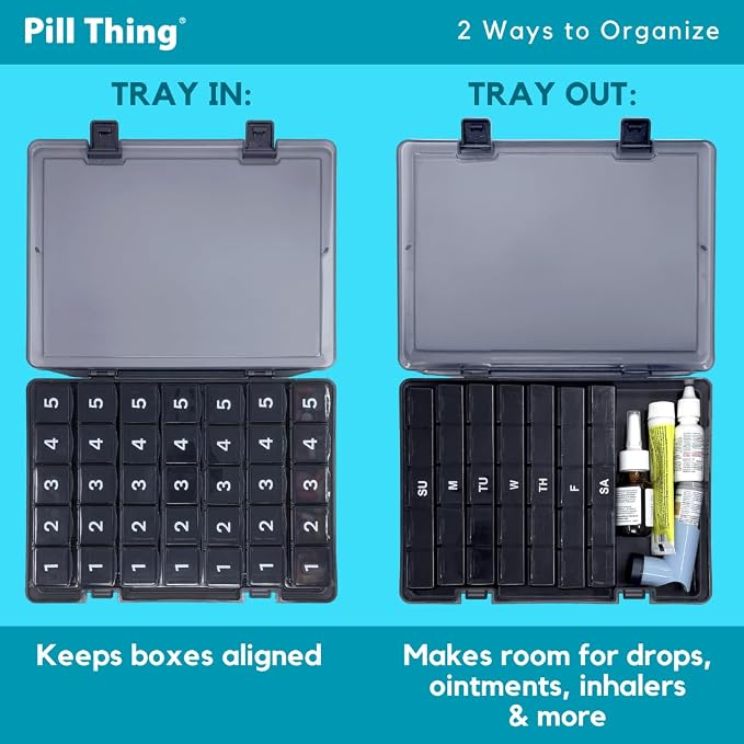 7-Day Weekly Pill Organizer with Secure Case, 5 Compartments Per Day, Removable Tray, Medication Schedule, Travel Pill Box-Complex Medication Routine (5 Time-a-Day - Black)