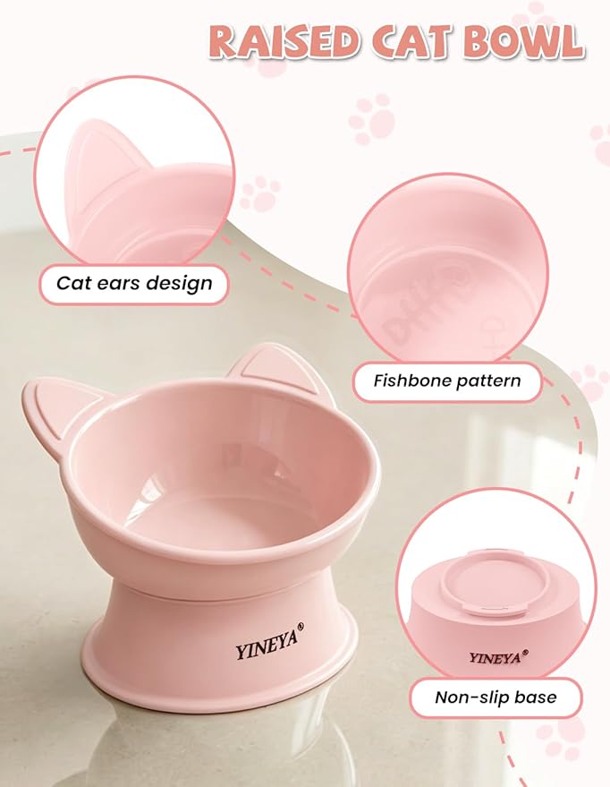 YINEYA Cat Bowls, Cat Food Bowl Elevated to Protect Neck & Anti-Vomit, Whisker-Friendly Raised Food & Water Bowls for Indoor Cats/Small Dogs, Cute Pet Feeding Bowl 6 OZ Each, Dishwasher Safe, Pink