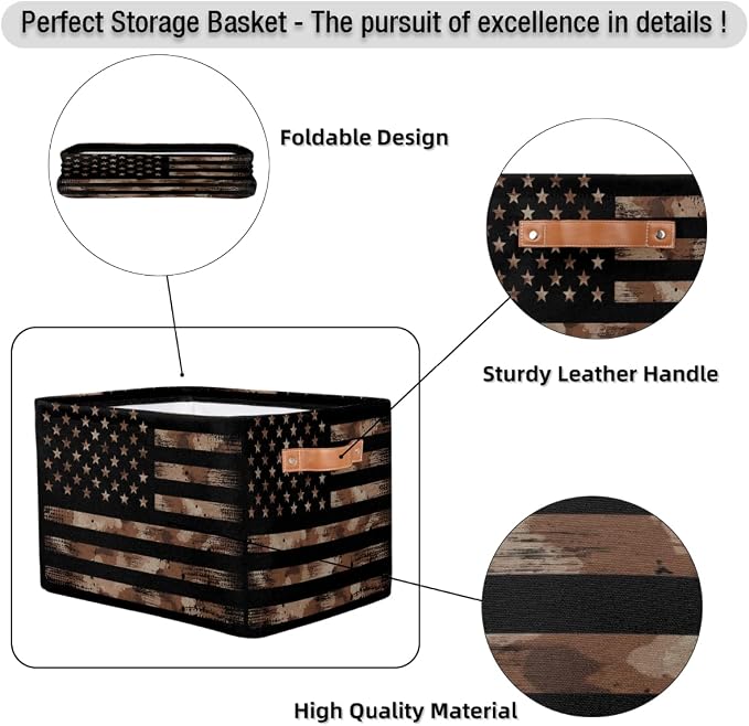 Pardick Flag Basket Storage Bins Rectangle Canvas Basket Cube Storage Box | Nursery Foldable Basket with Handle for Kids Girls Boys Toys Living Room Closet Organizer Shelf Gifts Camo Brown