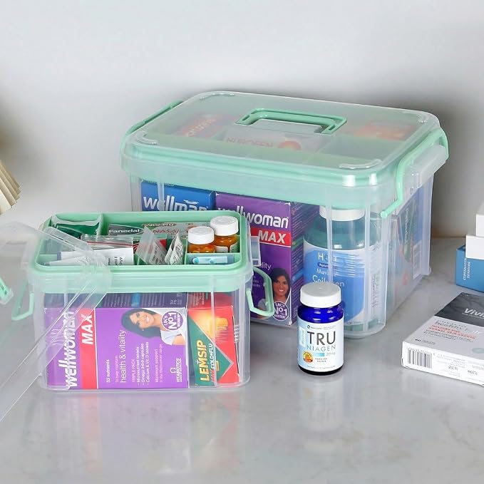HEY FOLY Set of 2 Medicine Organizer Storage Box with Tray, 15qt+5qt Green Plastic First Aid Box Empty, Thickened Medicine Container Chest, Multipurpose Medical Case with Labels, Green Medicine Caddy