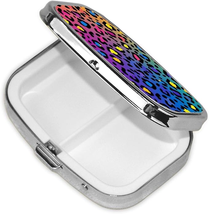 Cheetah Skin Rainbow Leopard Print Pill Case Pill Box with Mirror Retro Pocket 2 Compartment Medicine Case Vitamin Pill Organizer for Pocket Purse and Travel Gifts