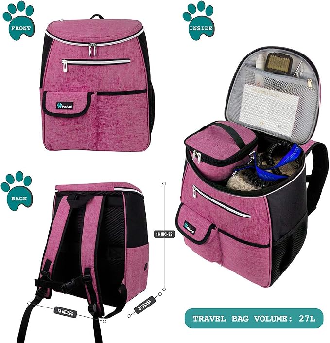 PetAmi Dog Travel Backpack 27L Airline Approved Pet Supplies Bag, Pink | Cat Traveling Suitcase Organizer for Weekend Road Trip Camping; 2 Food Containers, 2 Collapsible Bowls & Poop Bag Dispenser