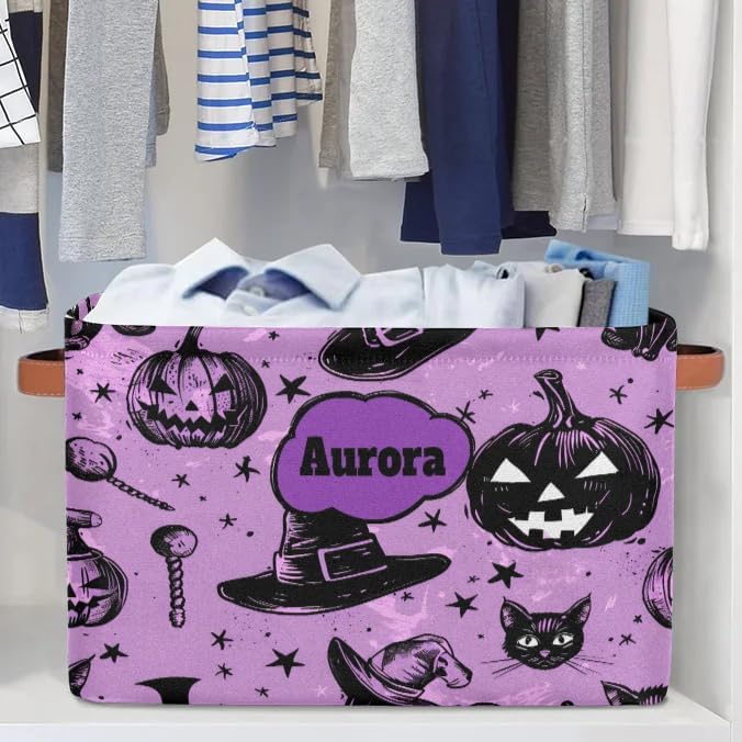 Personalized Name Storage Basket Handles for Girls, Canvas Storage Bins Toys Clothes Organizer for Bedroom, Kitchen, Bathroom, Nursery, Shelves, Closets, Hand Drawn Pumpkin Cat Witch Hat Purple