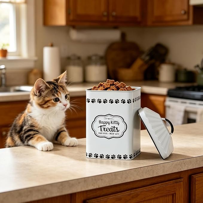 All Chic Cat Food Container Pet Food Storage Container with Lid & Sturdy Metal Handle with Spoon - Metal Kibble Storage Bin for Pets -Pet Food Storage