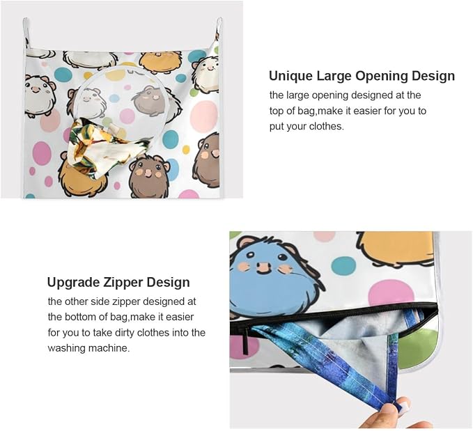 2PCS Hanging Laundry Hamper Bag Over the Door Laundry Hamper Wall Hamper Large Dirty Clothes Hamper with Stainless Steel Hooks 29.5x20Inch Color Guinea Pig Polka Dots