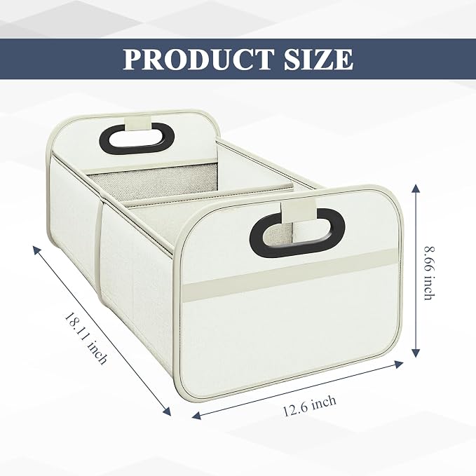 Car Trunk Organizer, Foldable Car Trunk Storage Box with 2 Compartments & Mesh Pocket, Large Capacity, Portable with Handle, Collapsible Backseat Storage Organizer for SUV Truck Sedan (White)