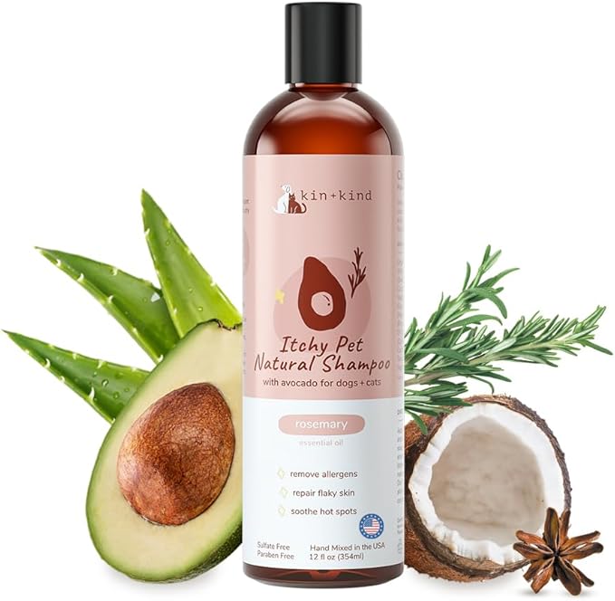 kin+kind Itchy Pet Natural Dog and Cat Shampoo - Gentle Clean for Itchy Skin - Avocado Oil - Rosemary Fragrance - 12 fl oz