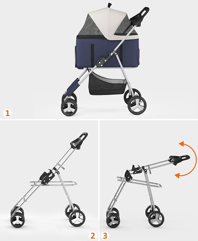 OS MOTOR 4-Wheel Pet Stroller for Small Medium Pets, Navy Blue | Foldable Detachable Carrier, Rear Wheel Breaks, Storage Basket, Visible Mesh Weather Cover, Portable, Dog, Cat, Puppy, Kitty