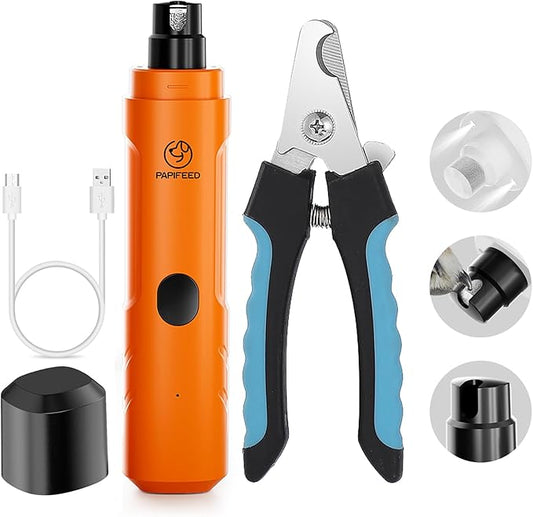 PAPIFFEED Dog Nail Clippers & Grinder with Manual Nail Clipper – Quiet 3-Speed Electric Dog Nail Trimmers with Dual LED, Rechargeable Pet Nail File for Dogs & Cats (Orange)