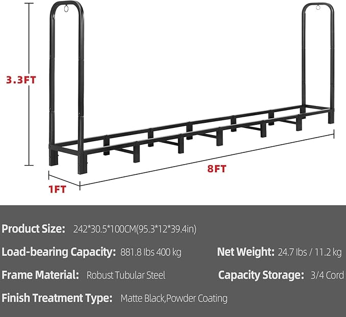 Kendane 8FT Firewood Rack Outdoor, Heavy Duty Adjustable Firewood log | Storage & Holder, Wood Pile Lumber Storage Rack Stacking Outside for Courtyard Patio.