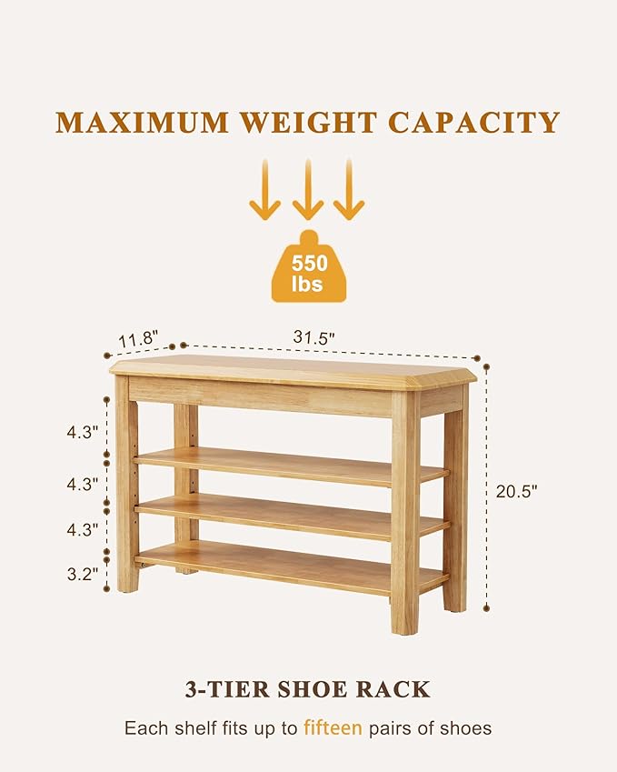 IUNVR Shoe Rack Bench Seat Rubberwood 3-Tier Wooden Storage Bench 550lbs Compact Mid-Century Modern Design for Entryway, Hallway, Closet, Front Door Entrance, Foyer