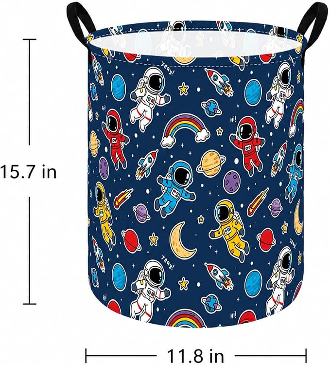 MAIZMZ Kids Storage Bin Astronaut Space Hamper,15.7" D x 19.7" H Waterproof Linen Laundry Basket with Leather Handles for Boys Room, Gifts