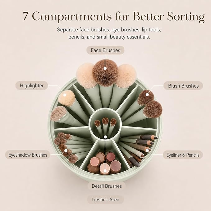EACHY Makeup Brush Holder with Lid, Rotating Makeup Brush Organizer, Green | Dustproof Lid, 7 Compartments, Waterproof Plastic, Vanity Makeup Organizer for Brushes