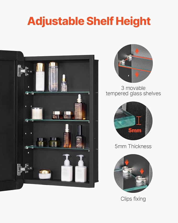 VEVOR Medicine Cabinet, 16.5 x 27.5 inch, Medicine Cabinet for Bathroom with Mirror, Aluminum Frame Bathroom Wall Cabinet, 3-Layer Adjustable Shelves, Recessed & Wall-Mounted Installation