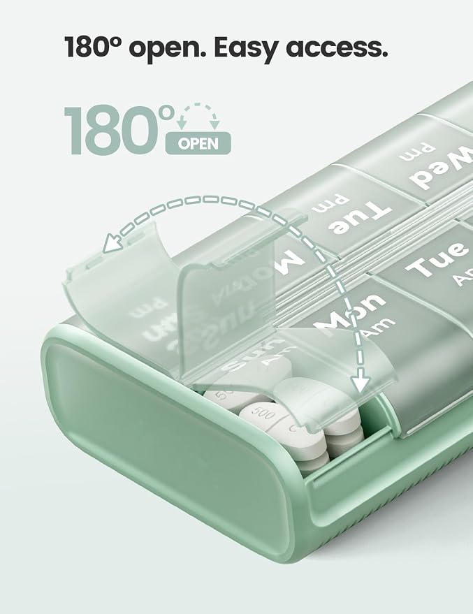 Pill Organizer 2 Times a Day, Built-in Desiccant | 7 Day AM PM Weekly Pill Box, Easy-Open, Portable Carry Handle, BPA-Free, Matte Privacy Case for Supplements and Vitamins