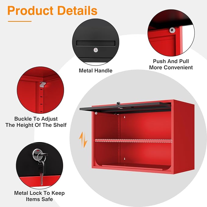 Metal Wall Cabinet with Locking Door and Shelf, Hanging Garage Cabinets with Up-Flip Doors for Garage, Warehouse, Home, Office, Assembly Required (Black Red, One Cabinet)