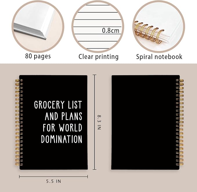 Grocery List Plans World Domination Funny Notebooks Journal | Funny Gag Office Gifts for Coworkers, Office Notebooks, Funny Office Supplies, Black Hardcover Spiral Notebook 5.5x8.3 In