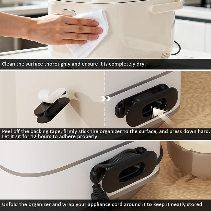6 Pack Cord Organizer for Kitchen Appliances, Black | Upgraded Stackable Silicone Adhesive Cable Management Wrap Holder, for Mixer Blender Air Fryer Pressure Cooker Coffee Maker