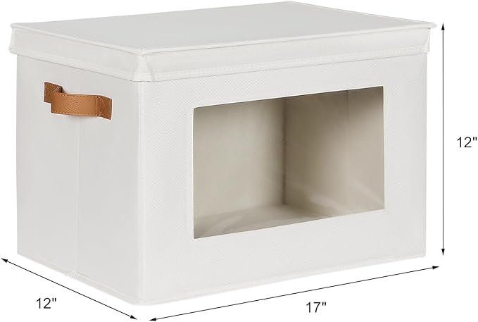 Univivi Fabric Storage Bins with Lids for Clothes 3 Pack, Beige | 17 x 12 x 12 In Foldable Storage Boxes with Handles, Clear Window, Closet Organizers for Home, Bedroom