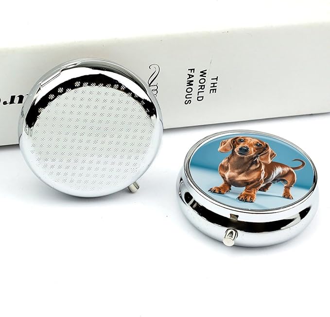 Dachshund Weiner Pet Dog Round Metal Pill Organizer 3 Compartment Travel Pill Case with Mirror Waterproof & Leak-Proof for Daily Meds Vitamins Supplements Fits in Purse Pocket Bag