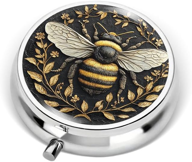 Portable Round 3 Compartment Metal Pill Box Beautiful Bumblebee Stereoscopic Relief Detailed Oil Painting for Travel First aid pet Care and organizing Small Items