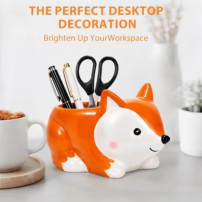 Ceramic Fox Shaped Pen Pencil Holder for Desk Decoration Accessories Fox Decor Makeup Brush Pen Cups Office School Ideal Gifts for Women, Mom or Birthdays