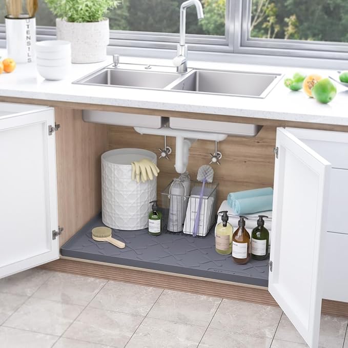 Waterproof Under Sink Mat 25" x 22" Silicone Mat Cabinet Protector | Heavy Duty Kitchen Cabinet Liner, Easy Press Drain, Home Essentials for Pet Feeding, Boots, Bathroom, Organizers & Storage