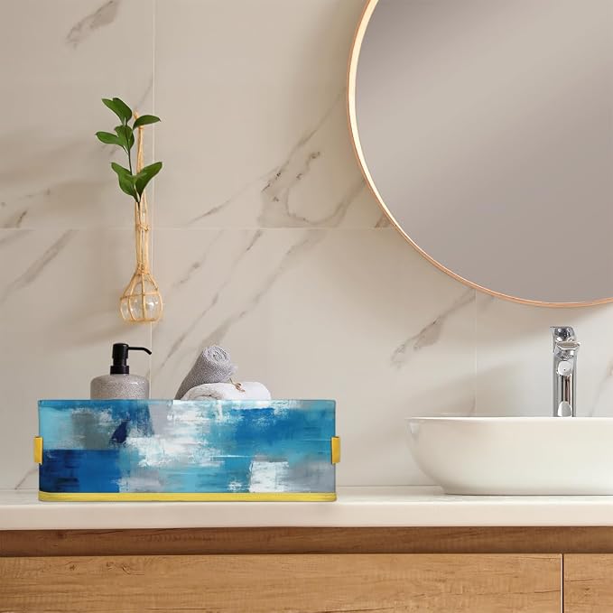 Blue White Abstract Bathroom Storage Basket, Foldable with Handle Open Countertop Paper Towel Decorative Box, Toilet Tank Top Shelf Baskets for Home Closet Bedroom Living Room Office