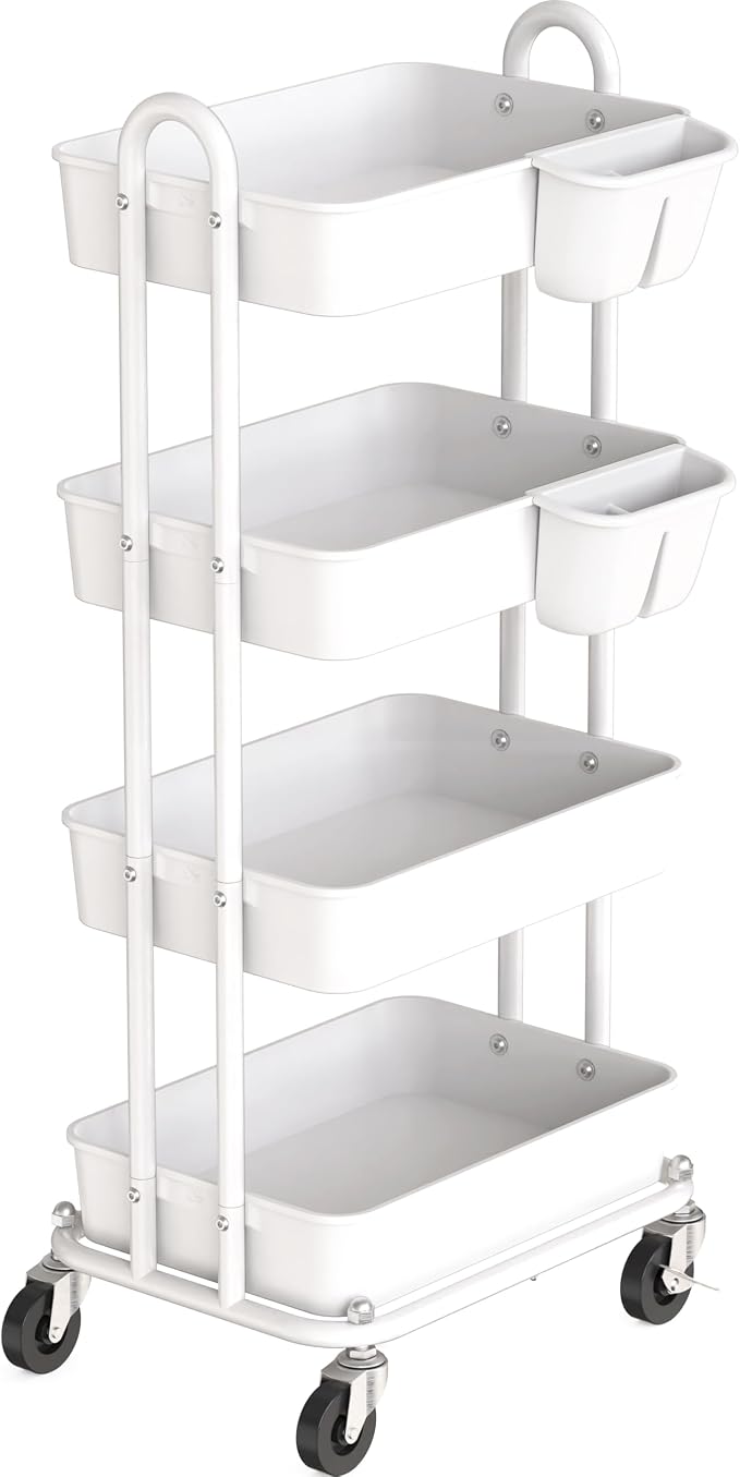 Simple Houseware 4-Tier Rolling Utility Cart with Hanging Bucket, White | Storage for Bathroom, Kitchen, Office, Study Room, Nursery Diaper