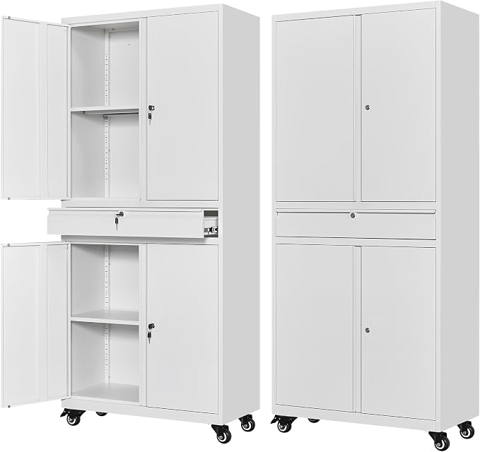 Metal Garage Storage Cabinet with Wheels,72“ Rolling Tool Cabinet with 4 Door Lock-Adjustable Shelves and Drawer for Garage Home Office Utility Room (White with Wheels)