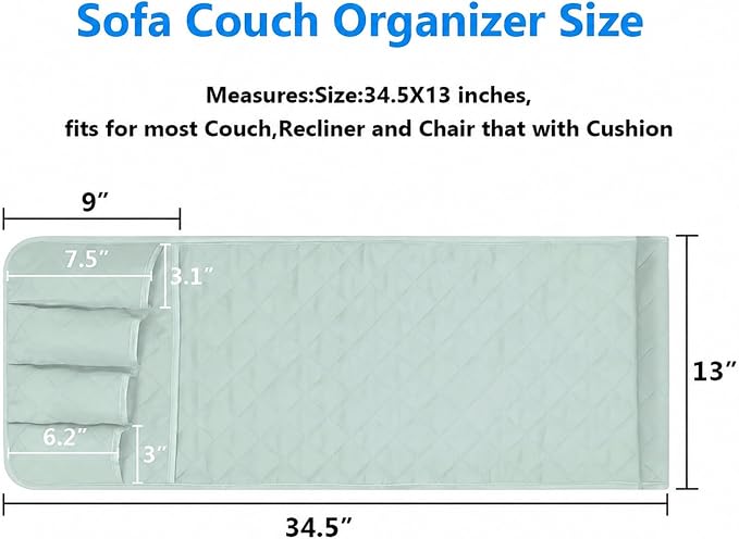Armchair Caddy for Recliner, Non Slip Sofa Arm Organizer, Sage Green | 5-Pocket Recliner Armrest Organizer, Couch Side Storage Holder for Remotes, Cell Phone, Magazines & Tablets, Machine Washable