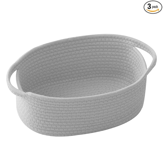 Grey Woven Rope Basket - Baby Gift Basket with Bag & Ribbon | Cotton rope with handle, 12 x 8 x 5 in, gift bag and ribbon, for baby shower, birthday, toy storage, nursery, shelf decor