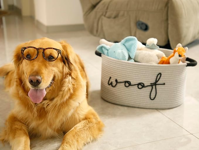 Woof Dog Basket - Cotton Rope Pet Storage Bin With Durable Handles, Large Toy Organizer for Puppies, Perfect for Chew Toys, Blankets and Leashes