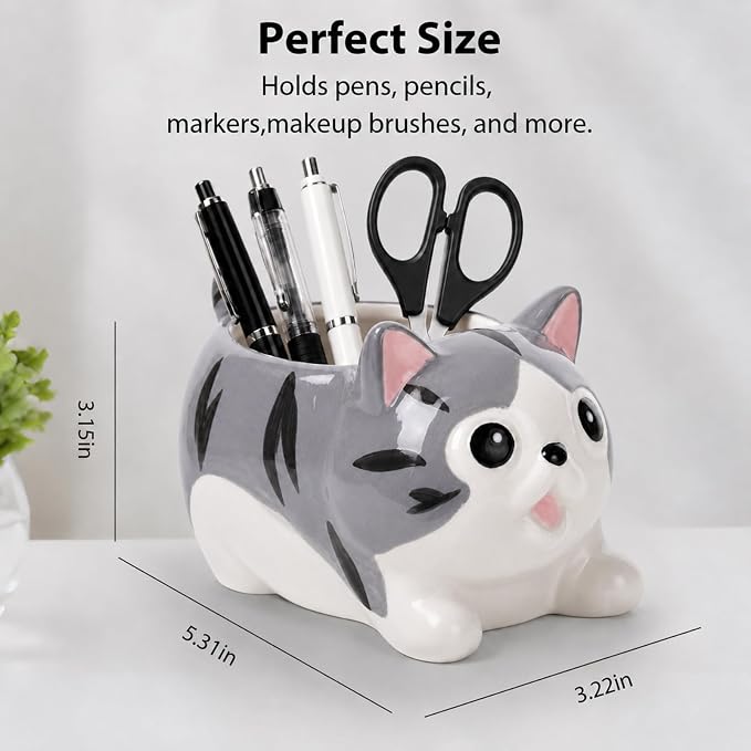 Ceramic Cat Shaped Pen Pencil Holder for Desk Decoration Accessories Cat Decor Makeup Brush Pen Cups Office School Ideal Gifts for Women, Mom or Birthdays