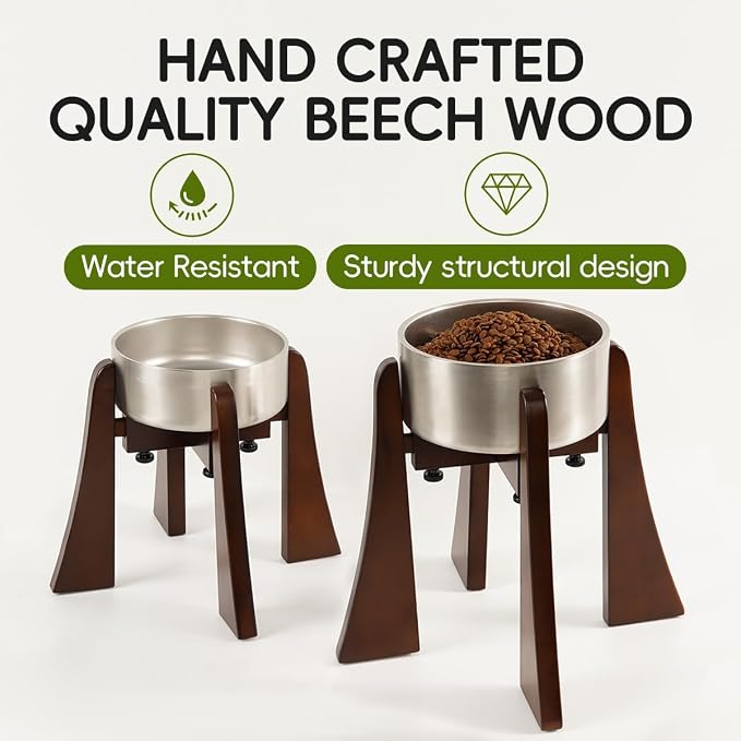 Solid Wood Elevated Dog Bowl Stand with Adjustable Width, 12-Inch Raised | Fits 6.3-7.8 Inch Dog Food & Water Bowls, Non-Slip Base, Ergonomic Design for Corgis, Beagles, Medium Breeds, Stand Only