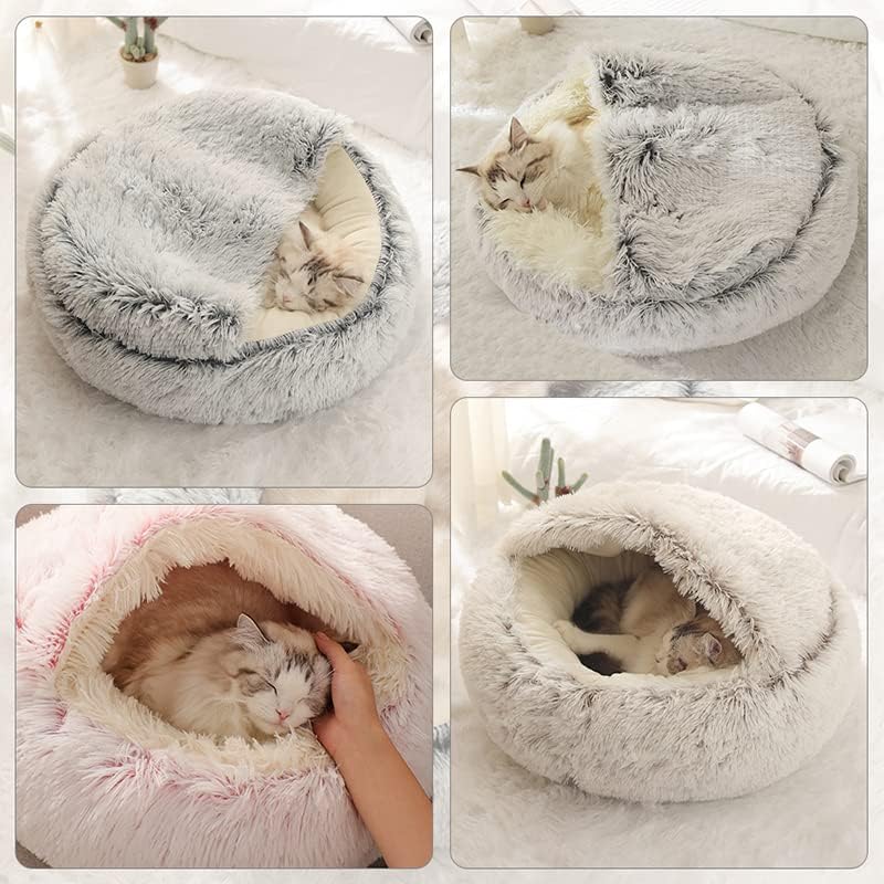Round Fluffy Hooded Cat Bed Cave, Anti-Anxiety Cave Bed with Blanket | Hooded Cat Bed Cave, Cozy Cuddler Luxury Puppy Pet Bed, Anti-Slip Bottom and Machine Washable