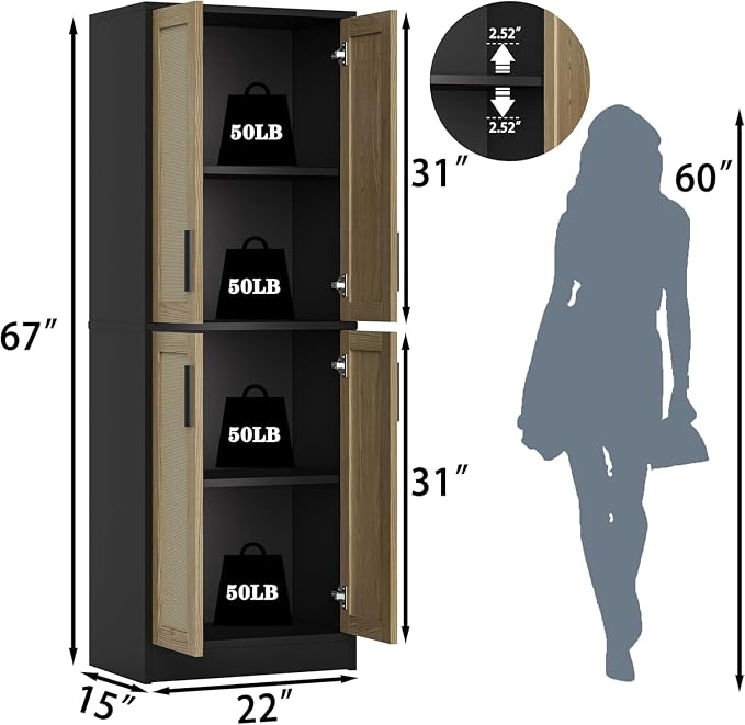 Pantry - Kitchen Pantry Cabinet with 4 Doors and Adjustable Shelves, Tall Black Cabinet Freestanding Storage Cupboard for Dining Room Living Room, Laundry, Bathroom (Black and Natural)