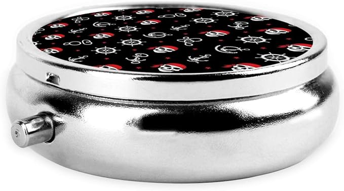 Round Pill Container, 3-Compartment Mini Organizer, Sturdy Metal Case for Medicine, Travel Pill Holder Purse Pocket Essential, Nautical Anchor Pirate Skulls Crossbones