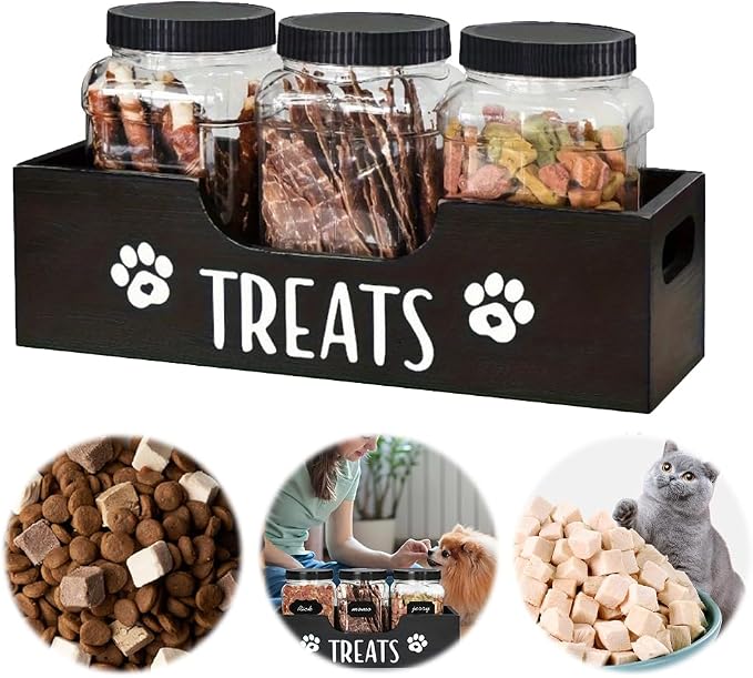 Dog Treats Container with 3 Plastic Jars, Dog Food Storage Box with Wooden Stand, Pet Treat Holder for Dogs and Cats, Airtight Dog Snacks Treat Organizer for Kitchen Counter（Black）